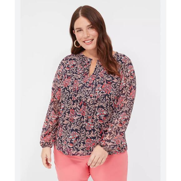 Lane Bryant Pin-Tuck Crew-Neck Blouse Plus Size 20 Pink Coral Floral - Picture 1 of 10